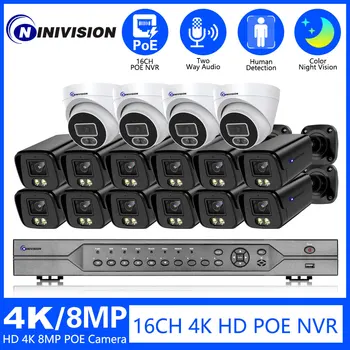 4K de 8MP POE IP, Sistema de Câmera de Segurança 16CH NVR Kit Com Cor de visão noturna Áudio Exterior Bala internas da Abóbada de Vídeo de uma câmara de Vigilância