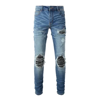 A chegada dos novos Homens de Luz Azul Slim Fit Rasgado Streetwear Angustiado Magro Trecho Destruído Tie Dye Bandana Costelas Patches Jeans