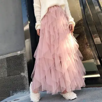 A Coleção Primavera / Verão Bolo Saia De Malha Saia Plissada Cintura Alta Parte Sólida Saia Longa Coreano Moda Irregulares As Mulheres Saias Harajuku