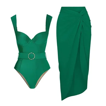 A nova safra Cinturão Verde, Um Maiô e Sarong Cor Pura sem encosto Cinto de Simples fatos de Banho Tampa para Cima do Biquíni de Verão, roupas de Praia