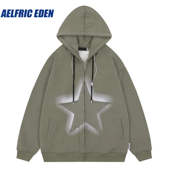 Aelfric Eden Estrelas Bordadas Zíper Capuz de Moletom 2023 Y2K Harajuku Casual Hip Hop de Algodão Solto Streetwear Suéter com Capuz