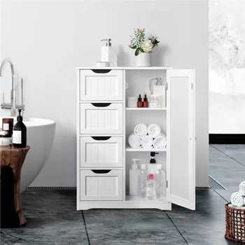 Alden Design de Madeira Armazenamento do Banheiro Armário com 4 Gavetas & Armário, mobília Branca