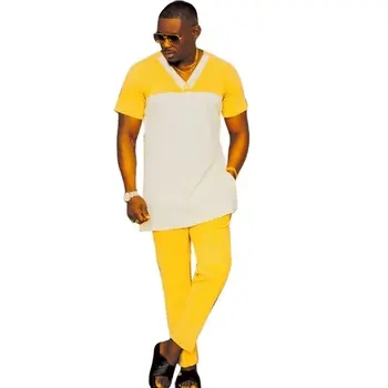 Amarelo Homens Conjuntos de Tops com Decote em V Com Elástico na Cintura Calças Nigeriano Design de Mangas Curtas Noivo Terno Masculino Africano Roupas