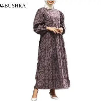 BUSHRA Muçulmano de Moda as Mulheres 2022 Primavera estampa Maxi Vestidos Casuais Puff Manga Longa Sundress Senhoras Solta Kaftan Manto