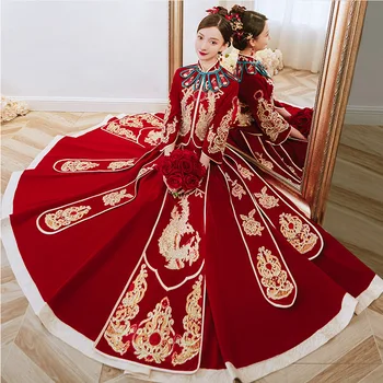Chinês tradicional Bordados Requintados Phoenix Flor Cheongsam Casal Casamento Terno Elegante Casar de Vestido de китайская одежда