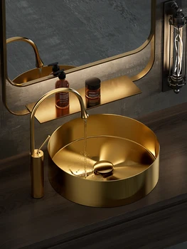 De Aço Inoxidável dourado Tabela Bacia Luz de Luxo ponta Fina Integrado da Bacia de Lavagem de Arte Bacia de Banho Preto redondo, Lavatório