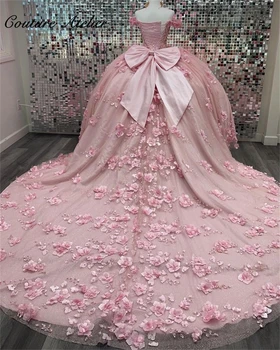 Fora O Ombro de Luz cor-de-Rosa Flores em 3D 15 Vestido Quinceanera 2023 Com Arco, Bola Vestido de Marmelo Vestidos de Princesa Ocasião Formal Vestido