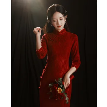 Formal Vermelho Melhorado Cheongsam Retro Estilo Chinês De Vestido Das Mulheres De Costas Para A Porta Roupa De Ano Novo Qipao Noite Vestido De Noivado
