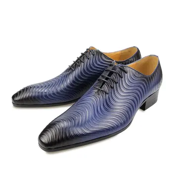 Homens feitos à mão Sapatos de Vestido Azul de Moda de Impressão Casual, Escritório de Negócios de Pontas de Dedo do pé de Oxford Formal Sapatos para Homens Atacado