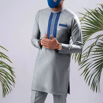 Homens luxo do Novo traje de Duas peças com o Terno de Cor Sólida patchwork Gola Manga Longa Festa Africana Homens do Estilo Étnico (M-4XL)