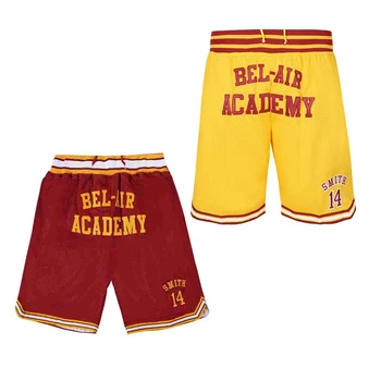 Homens Shorts de Basquete Bel-air Academia Will Smith 14 de Desporto ao ar livre Calções de Praia, Calças de Costura, Bordado Vermelho Amarelo 2023 Novo