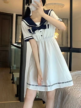 Japonesas Kawaii Elegante Estilo Lolita Mulheres Brancas Vestido De Verão Marinheiro Gola Manga Curta Jk Princesa Dressses Mini Vestido Feminino