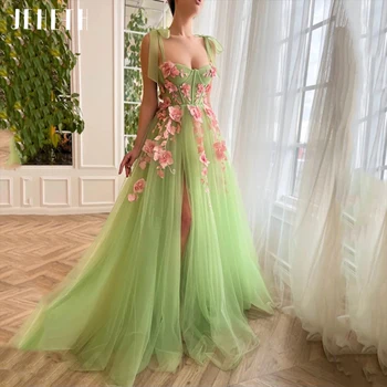 JEHETH Verde 3D Flores de Tule Pastoral Vestido de Baile Querida Divisão Alta Cintas de Espaguete sem encosto de Uma Linha de Noite, Vestido de Festa 2023