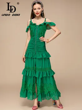 LD LINDA DELLA Novo 2023 Moda Verão as Mulheres Verde Spaghetti Strap Vestido Longo sem Alças Sexy Pregueado Fino Sob A Fenda Vestidos