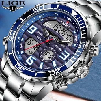 LIGE Luxo Original Esportes Relógio de Pulso Para Homens de Quartzo do Aço Impermeável a Dupla afixação de Moda Relógios Relógio Masculino