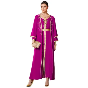 Lindo Colorido Strass Vestidos de Noite Definido para as Mulheres Árabes, Dubai Marroquino Kaftan Muçulmano Duas Peças Abaya Festa de Eid-al-Adha