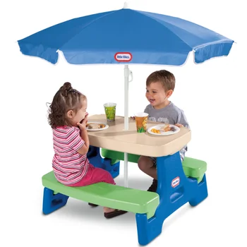 Little Tikes Loja Fácil Jr. Mesa de Piquenique com Guarda-sol, Azul e Verde - Jogo de Mesa com Guarda-chuva, para Crianças