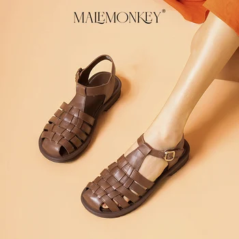 MALEMONKEY Tecer Sandálias das Mulheres de Couro Genuíno Exterior Respirável Romano Novo Casual Cor Sólida Verão Senhoras Sapatos feitos à mão