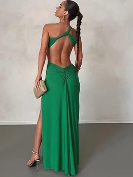Moda Verde Vestido Preto 2023 Novo Pescoço Diagonal Recorte Longo Vestido de Verão Aberto de Volta Sexy Vestido das Mulheres de Festa Vestido de Noite