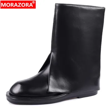 MORAZORA 2023 Novo original de Couro Botas de Inverno Mulheres Quadrado Med Saltos de Sapatos de Plataforma Feminino Zíper Meados de Bezerro Botas