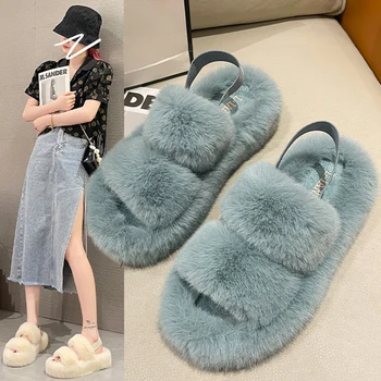 Mulheres Fuzzy Sliipers para o Inverno Escorregar no Quente de Moda Bonito Home Indoor Sandálias Elegantes Fofo Dedo do pé Aberto Flip-Flops Andar de Sapatos