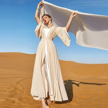 Mulheres Primavera-Verão Muçulmano Novo Bege Casal Bordado de Pérola Chiffon Vestido de Moda Partido de Viagem Exterior Saia Longa
