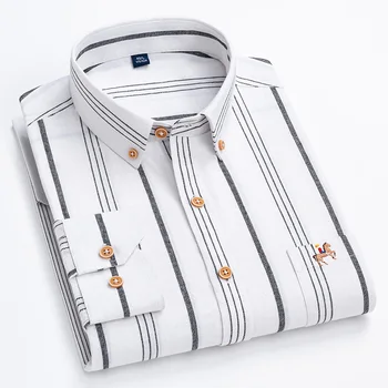 M~6XL Moda masculina Camisa de Manga Longa de Algodão Oxford Faixa Casual Bolso Regular Botão Ajuste de Negócios Camisas de Vestido