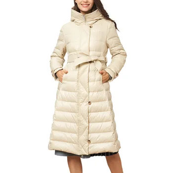 Nova moda com capuz lace-up cintura joelho-comprimento longo ganso zíper soltas temperamento suburbano de mulheres para baixo do casaco