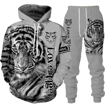 Novo Animal 3D Tigre Impresso Capuz + Calça de Terno Fresco Homens/Mulheres 2 Pcs Sportwear de Treino de Conjunto de Outono E de Inverno de Roupas masculinas