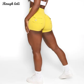 Novo Pocket Amassar Shorts para as Mulheres Ginásio Shorts de Cintura Alta Yoga Shorts Exercício de Desporto de Verão Shorts de Tecido Macio Sem Costura