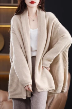 O coreano Cardigan da Mulher Suéter Casaco, Xale 2022 Nova Médio e Longo Solta Moda Casual Cor Sólida Outono Inverno Malhas High-End