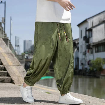 O verão masculino de Gelo de Seda, Calças de Harém Chinesa da Dinastia Tang Vintage Jacquard Calças Soltas Harém Folha de Impressão Hip Hop e Streetwear