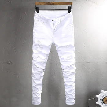 Rua Dos Homens De Moda Jeans Branco Elástica Do Estiramento Skinny Jeans Rasgados Homens Beading Patch Designer De Hip Hop, Punk Lápis De Calças De Homem