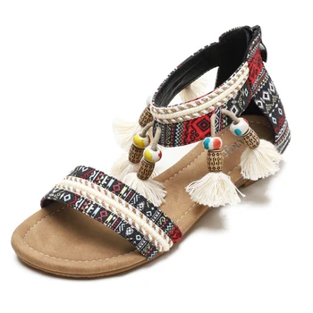 Salto de cunha sandálias femininas de verão, estilo de fadas abrir dedo do pé dedo do pé redondo saco com queda de contas de viagens Romano sandálias