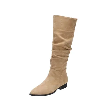 Senhora Sapatos da Moda Casual Retrô Chunky Calcanhar Apontado Cavaleiro Botas Femininas 2023 Outono Inverno Mulher Tendência Sólida Botas de Salto
