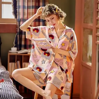 Solta Grande Pijamas para Mulheres Bonito dos desenhos animados de Meninas Ladie Conjunto de Pijama de Verão Homewear Festa Nighgowns de Pescoço de V Pijamas Oversize Pjs