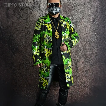 Verde graffiti hip-hop túnica estendida terno impresso terno fase de cabeleireiro vestido vestido de grande tamanho personalizado vestuário masculino
