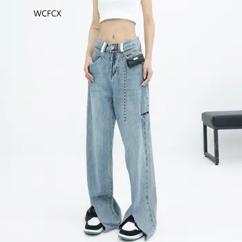 WCFCX STUDIO Ripped Jeans para as Mulheres a Moda Cintura Alta Vintage Streetwear Calças Retas Solta Y2K Grande Perna de Jeans, calças