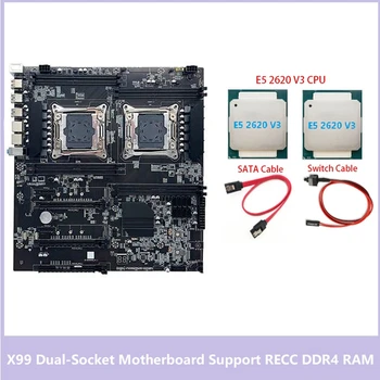 X99 Motherboard Desktop Motherboard LGA2011-3 Dual CPU Suporte a RECC de Memória DDR4 Com 2XE5 2620 V3 CPU+Cabo SATA+Cabo de conexão do Interruptor