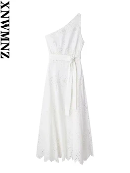 XNWMNZ 2023 Moda feminina Decote Assimétrico vestido Bordado Mulheres Estilo Festa Ampla Alça de Cinto Feminino Vestidos Midi