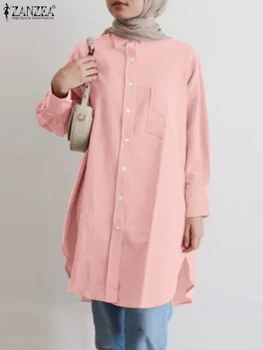 ZANZEA Turquia Abaya Hijab Tops Muçulmano Moda Blusa das Mulheres do Vintage Camisa de Manga Longa de Férias Causal Camisas Oversize Camisa